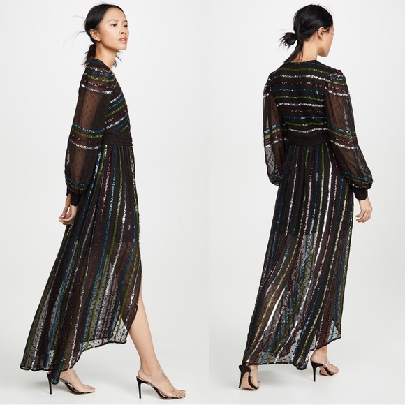 Rococo Sand • Sequin Striped Gown black chiffon rainbow swiss dot balloon sleeve - Picture 13 of 13